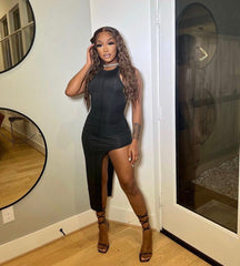 modern evening dress-high slit dress-black high slit dress-super high slit dress