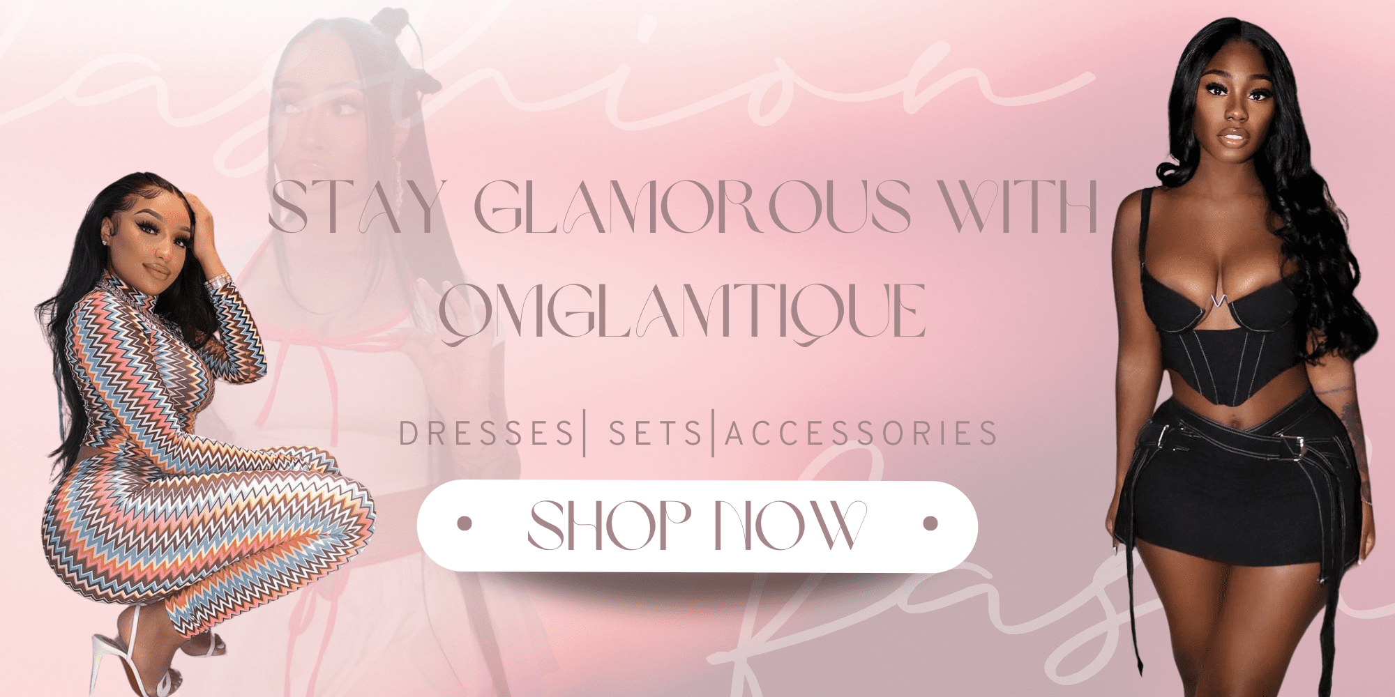 A stylish homepage banner for Qmglamtique featuring two models. On the left, a woman in a colorful zigzag-patterned jumpsuit with white heels poses confidently. On the right, a woman in a chic black corset-style crop top and matching mini skirt looks glamorous.