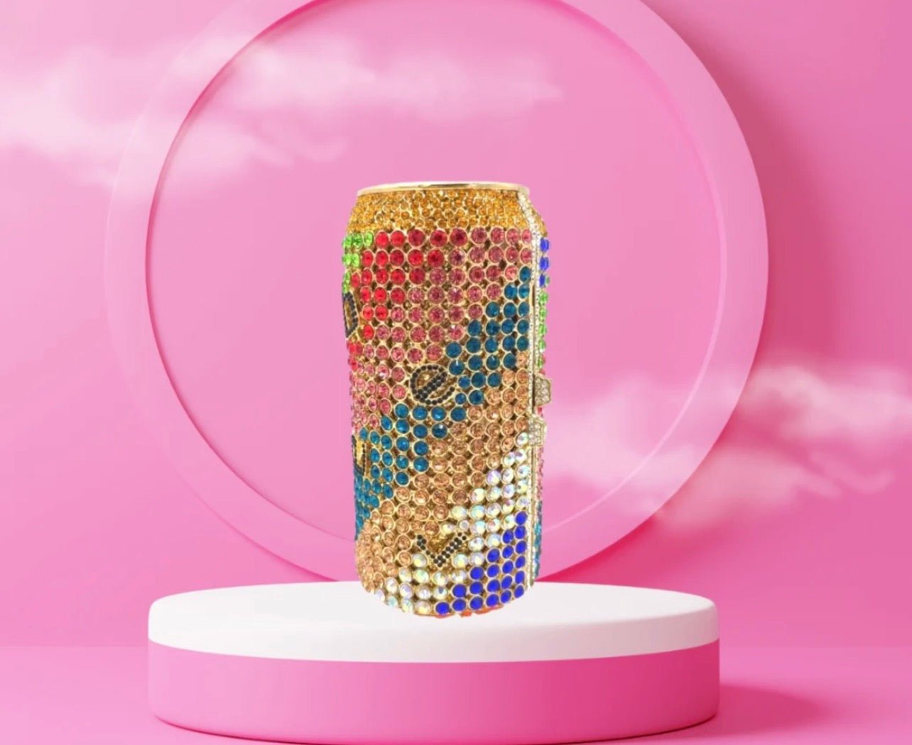 A sparkling, rhinestone-encrusted clutch in the shape of a soda can, featuring vibrant multicolored gems, a sleek metallic finish, and a detachable chain strap for versatile wear