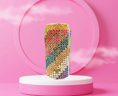 A sparkling, rhinestone-encrusted clutch in the shape of a soda can, featuring vibrant multicolored gems, a sleek metallic finish, and a detachable chain strap for versatile wear